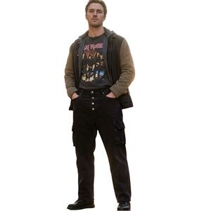 Custom Designer Black Denim Fleece Lined Cargo Pants 36x26.5